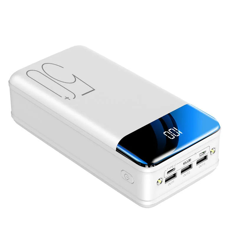 Large capacity 50000mAh power bank in black plastic case with three USB output ports