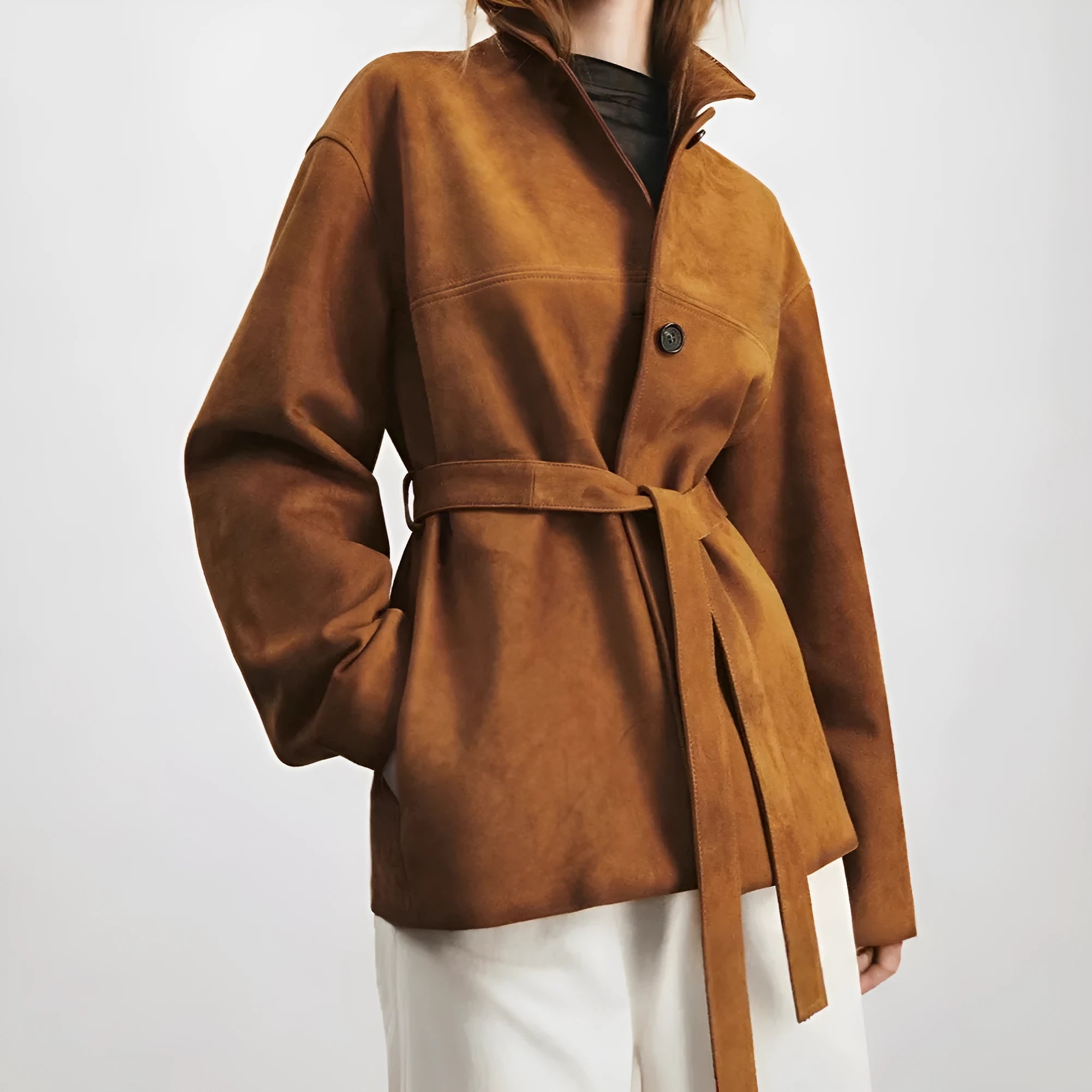 Women's mid-length cashmere coat with Peter Pan collar and belt in retro loose fit style