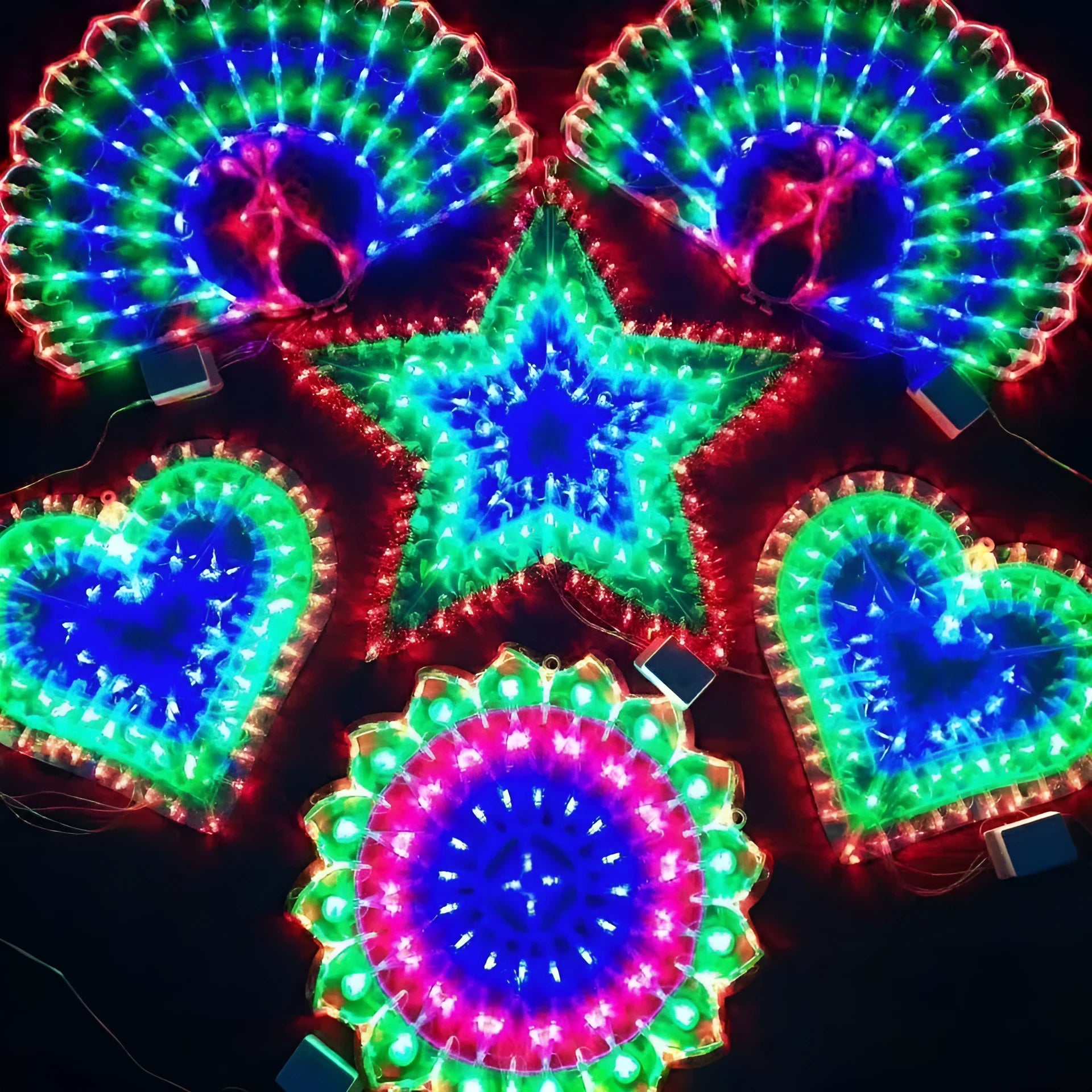 Christmas festival plug-in outdoor decorative string lights with multiple bulb designs including peacock lamp, love, sunflower, and five-pointed star shapes