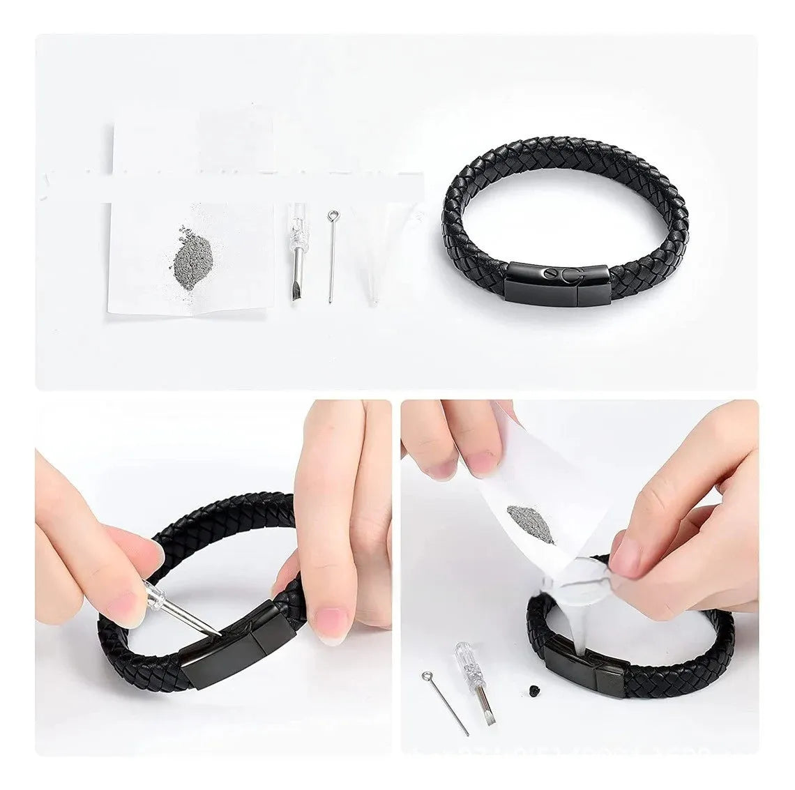 Black leather and stainless steel casket bracelet with English letter personalisation