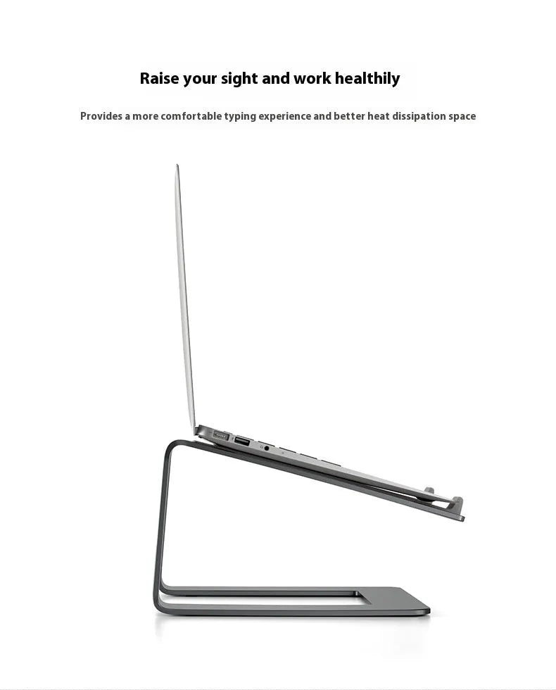 Black aluminium alloy laptop stand on desk with laptop elevated