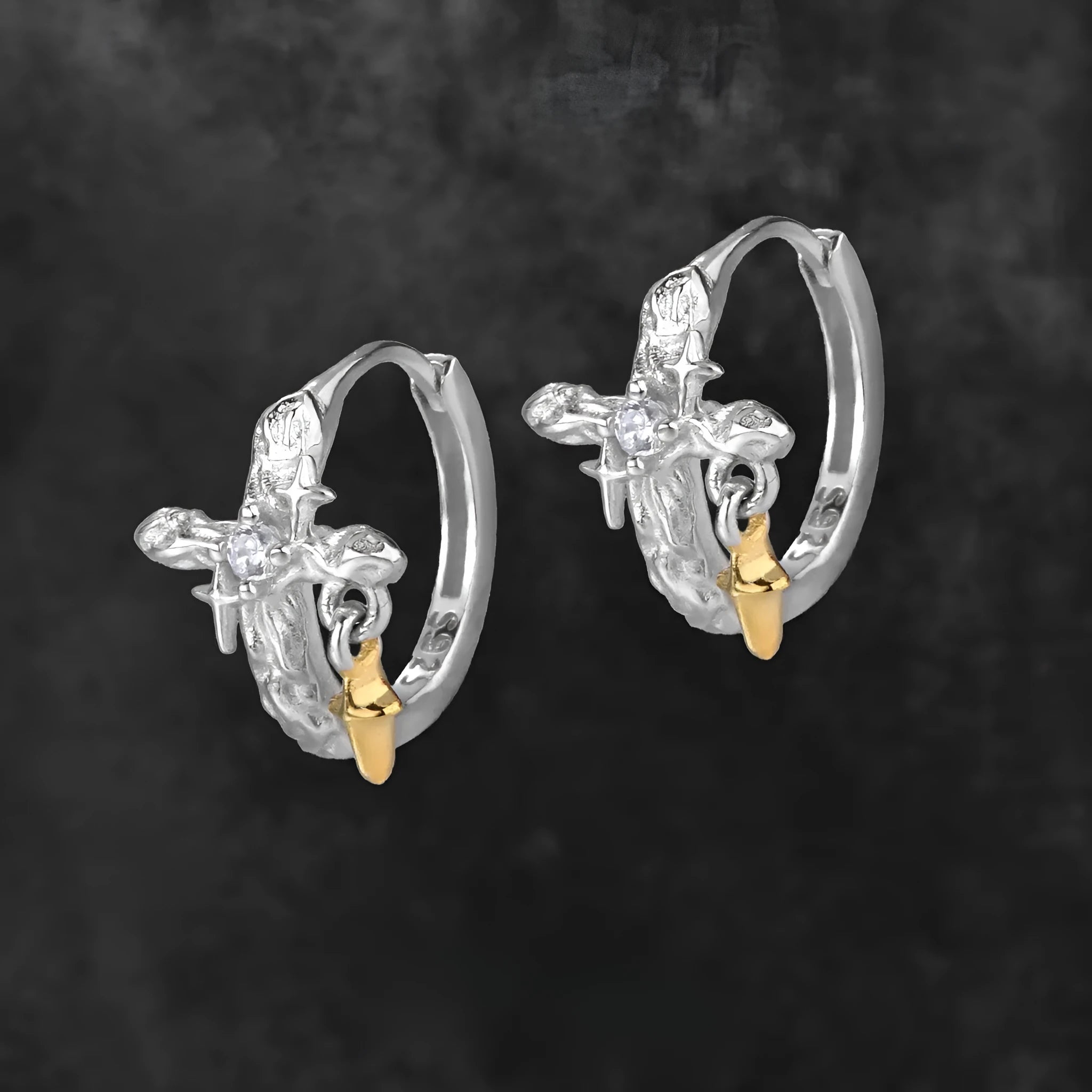 XINGX geometric cross earrings in 925 sterling silver with white gold finish and round design elements