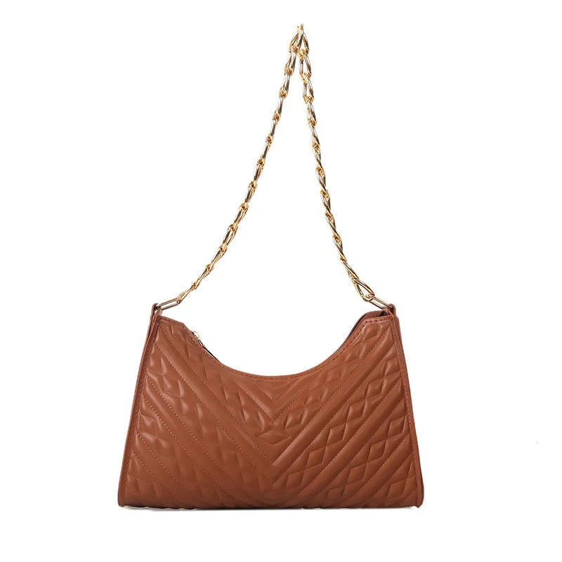 PU leather pleated chain baguette shoulder bag in vertical square shape with soft surface texture
