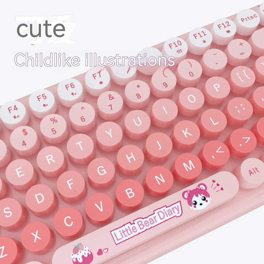 Pink mini cartoon wireless keyboard and mouse set with compact dimensions on desk
