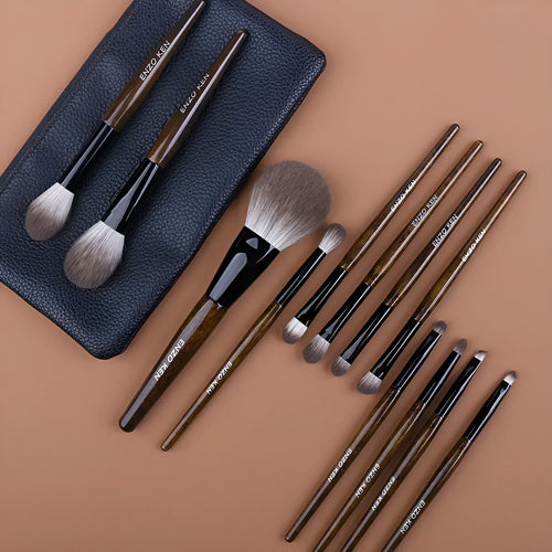 12-piece wooden handle makeup brush set with artificial fibre bristles in a portable PU storage bag