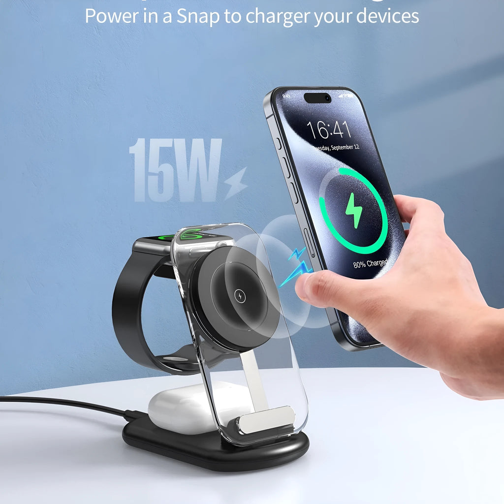 Transparent folding magnetic wireless charger showing internal components with QC3.0 fast charging support