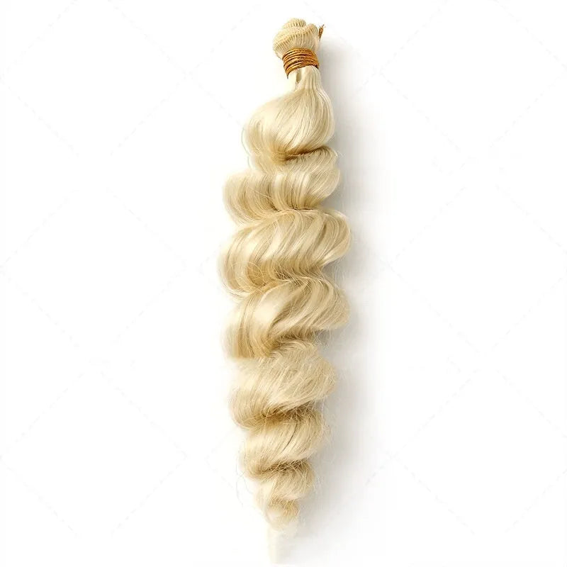 Golden synthetic women's wig showing length options of 18, 20 and 22 inches