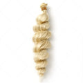 Golden synthetic women's wig showing length options of 18, 20 and 22 inches