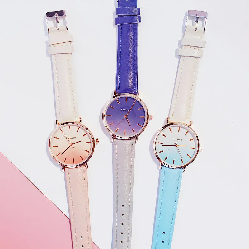 Women's fashion gradient belt quartz watch and bracelet set with 3.8cm dial in pink blue purple