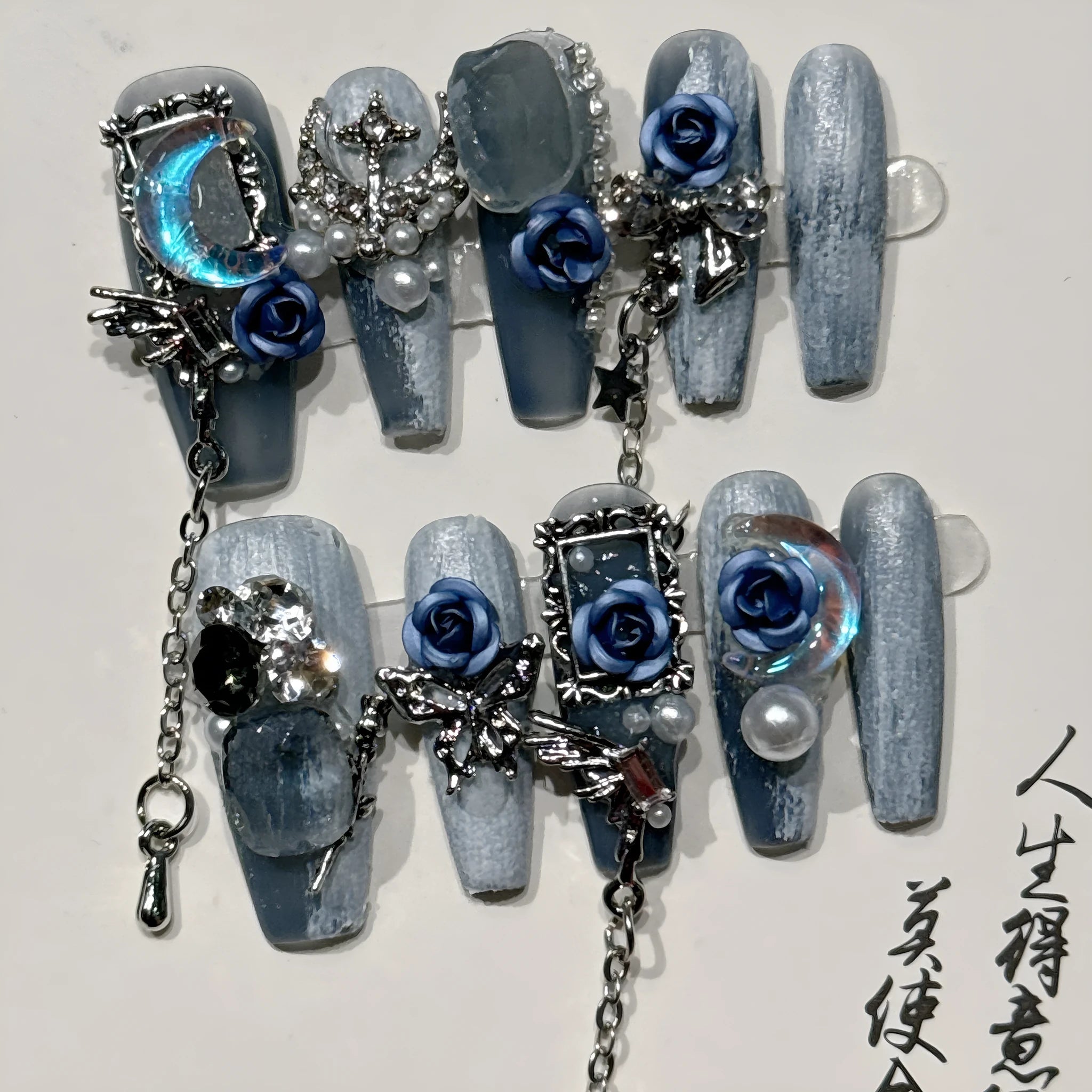 Evening manicure nails with blue rose and tulip patterns in sizes XS to L