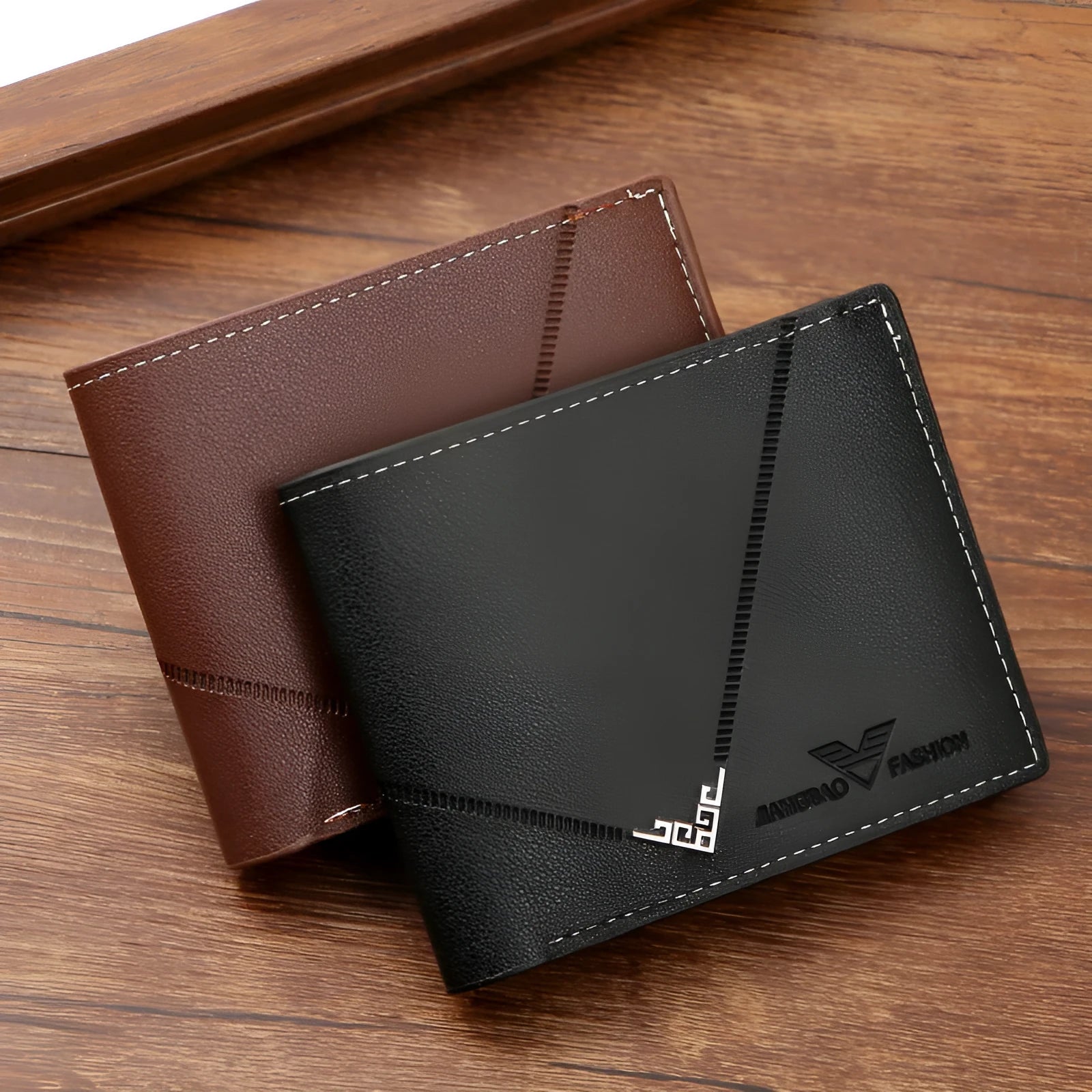 Men's PU leather multi-card-slot short wallet with lychee pattern in black
