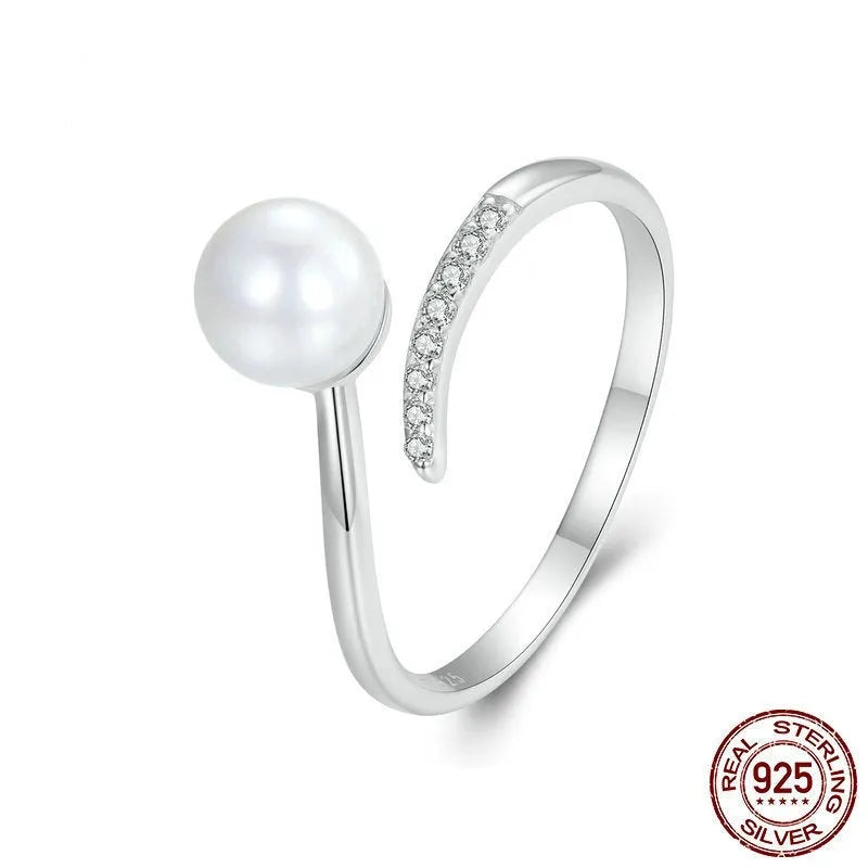 S925 sterling silver ring with shell pearls and open adjustable loop for size 8
