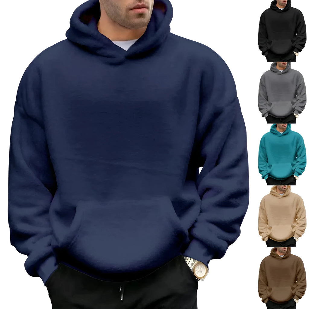 Double-sided velvet hooded sweater men's plush pullover with pockets navy blue cotton blend