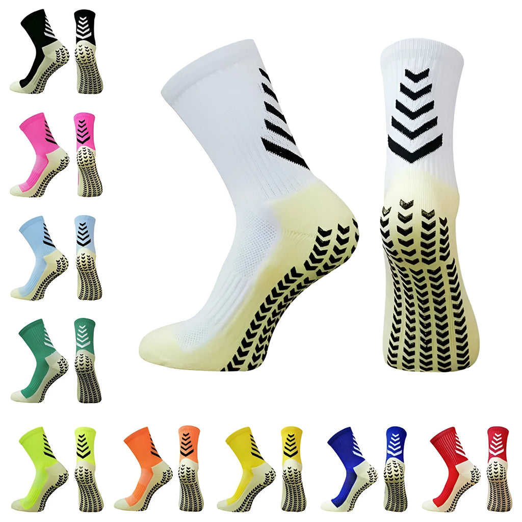 Men's mid-calf athletic socks with geometric patterns and silicone non-slip grip elements