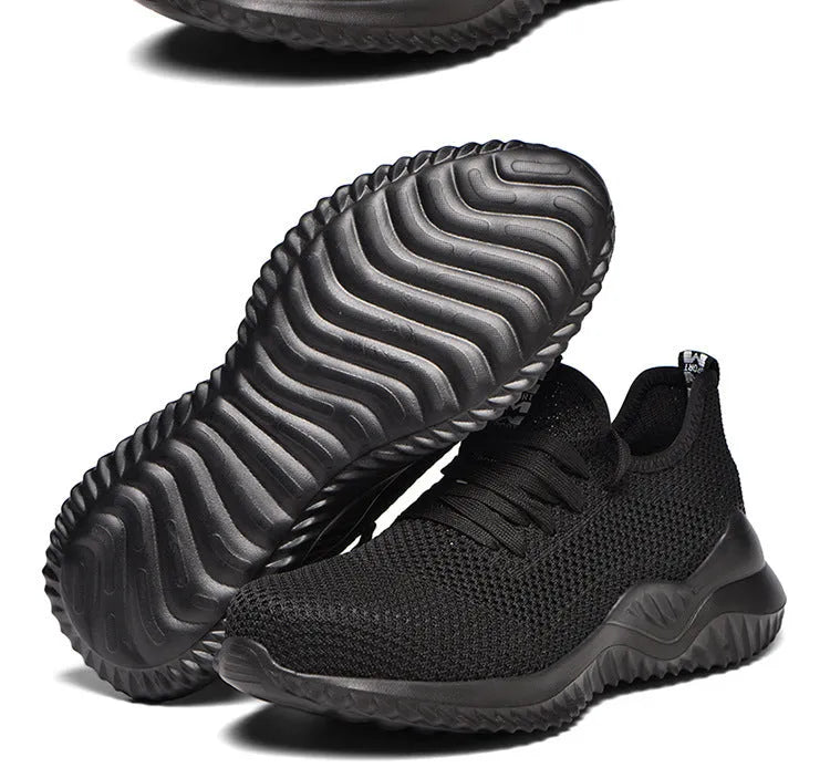 Men's low-top steel toe cap safety shoes in black with anti-static EVA sole for work and climbing.