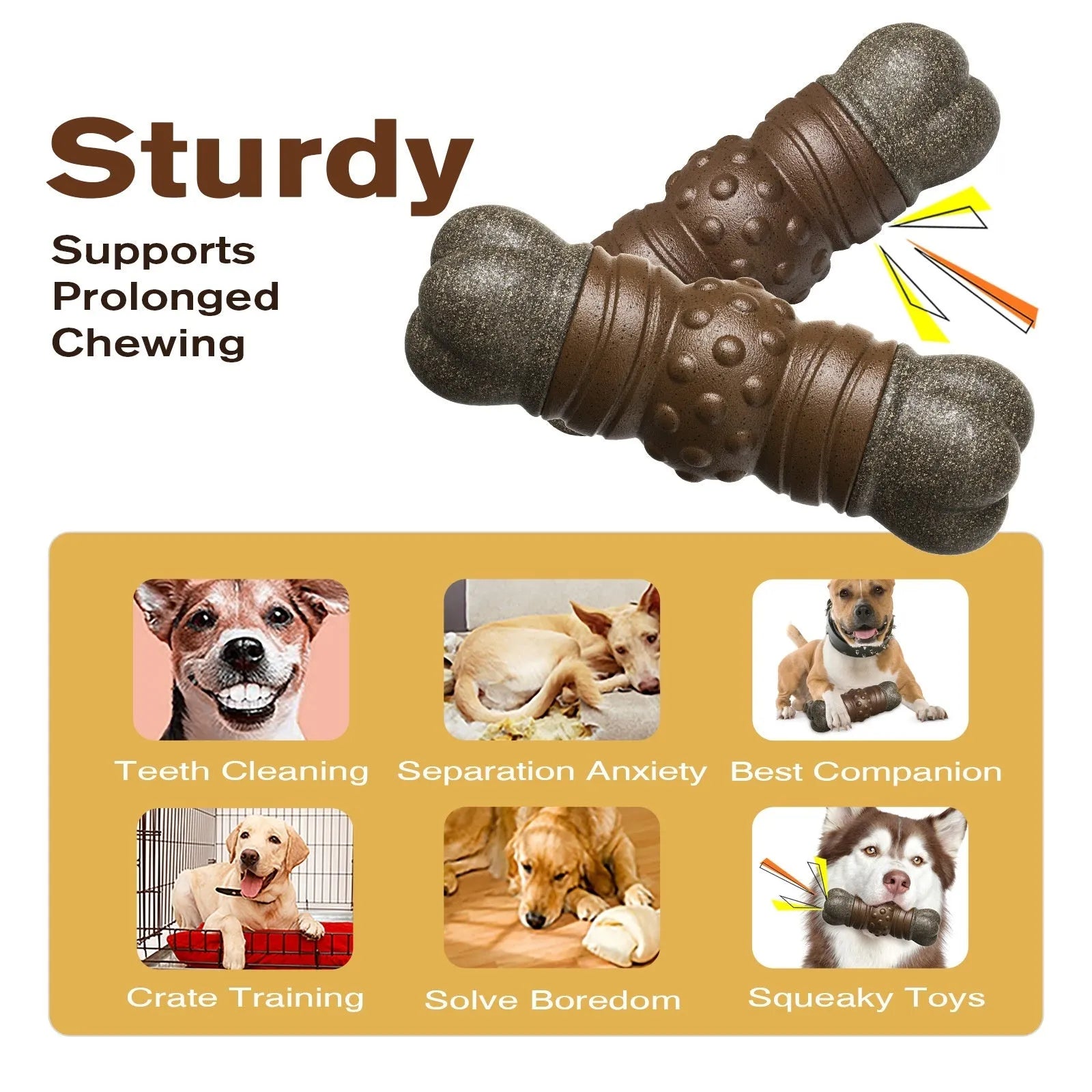 Wood-coloured plastic dog toothbrush toy with bone shape and molar rod texture