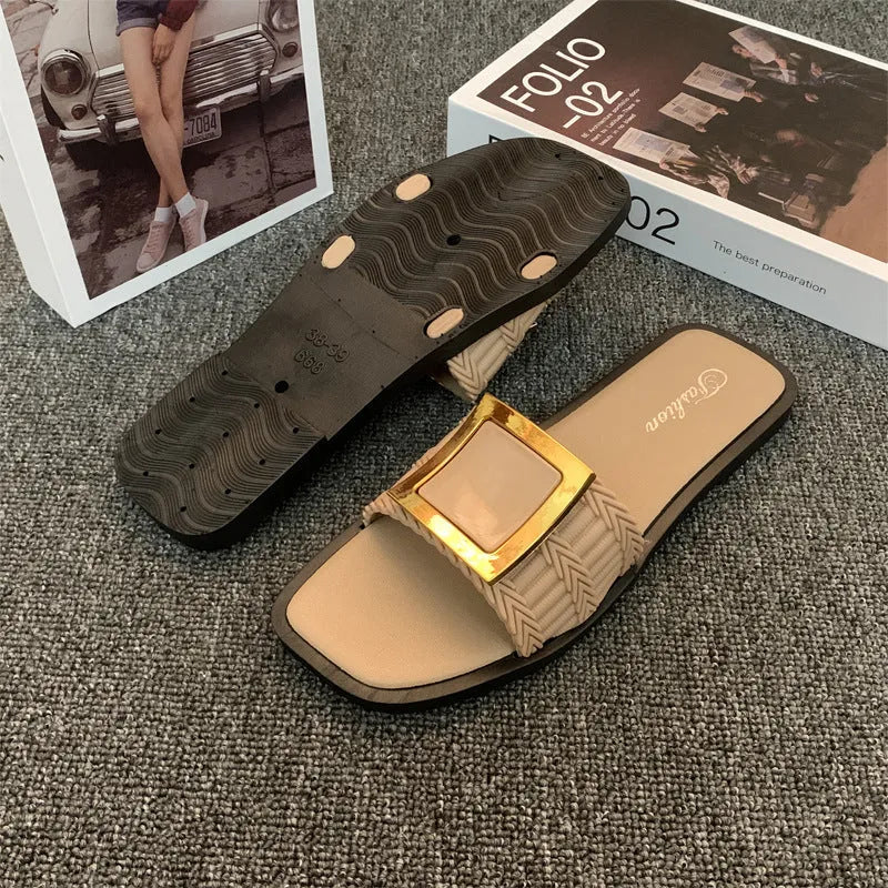 Women's casual summer flat slippers in apricot, black, or khaki with a non-slip PVC sole.
