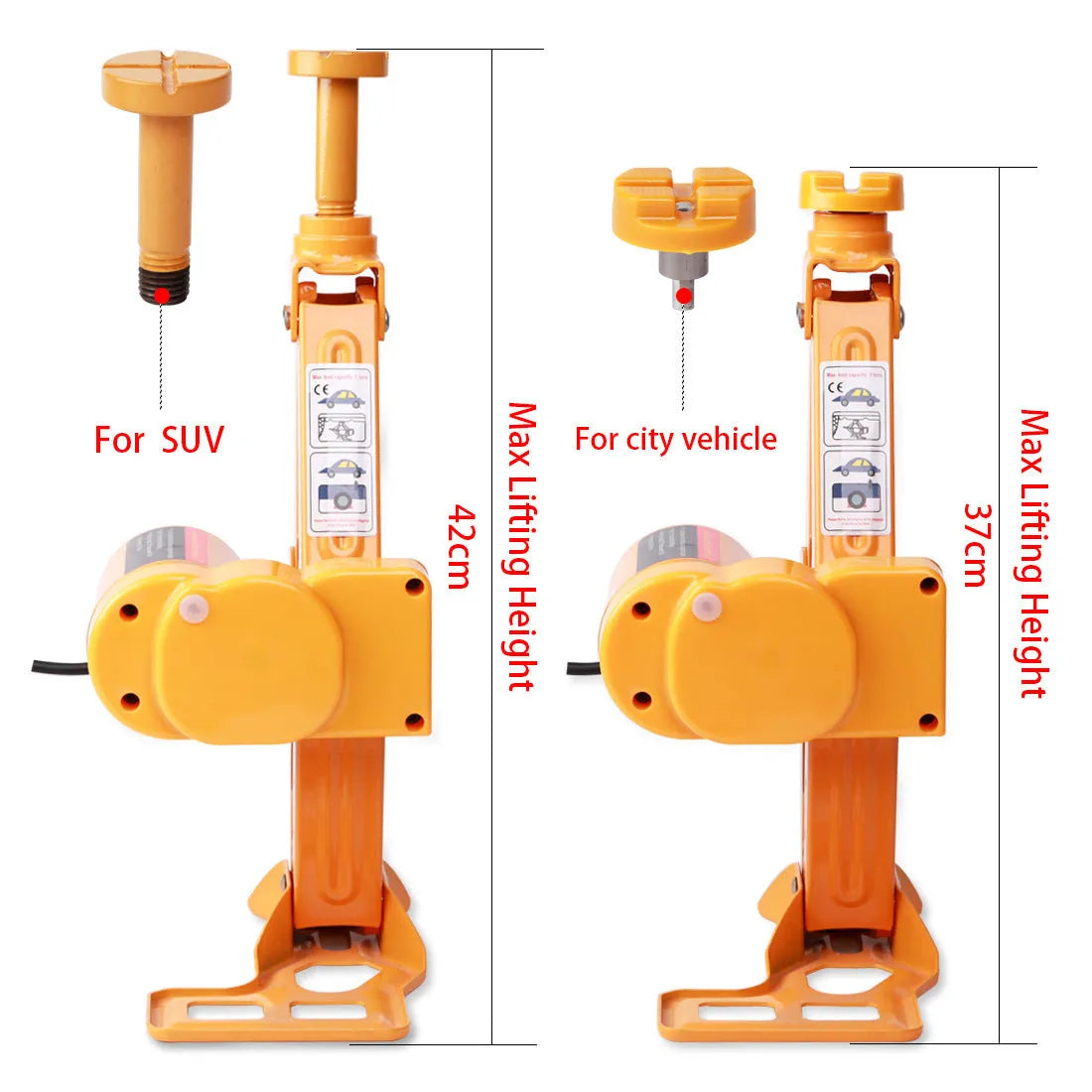 Yellow steel car electric hydraulic jack set with an electric wrench on a garage floor.
