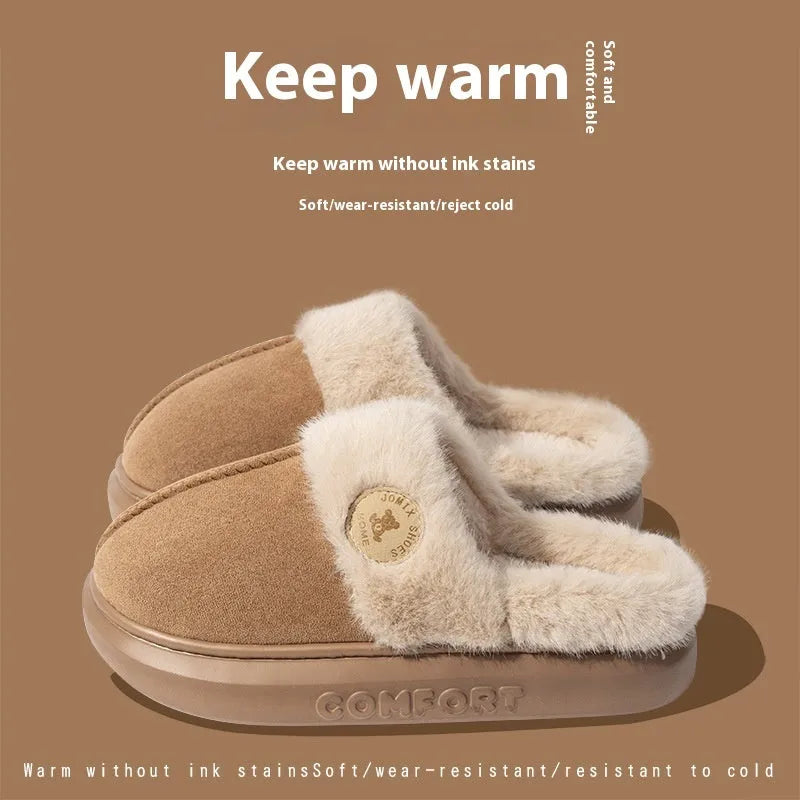Plush fleece slippers with thick PVC soles in five colour options showing car stitching detail