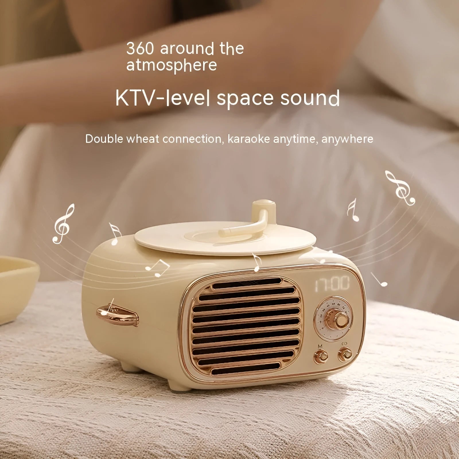 Retro Bluetooth microphone stereo with card reader and alarm clock in transparent green, ABS PC body