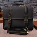 Men's genuine cowhide crazy horse leather handbag dark brown 13 inch with lock closure retro style