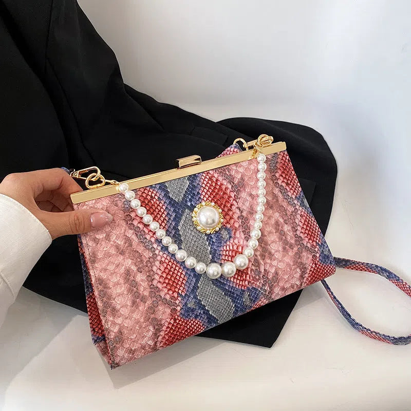 New vintage snake-pattern pearl-chain evening bag in khaki with hard rectangular shape and single strap