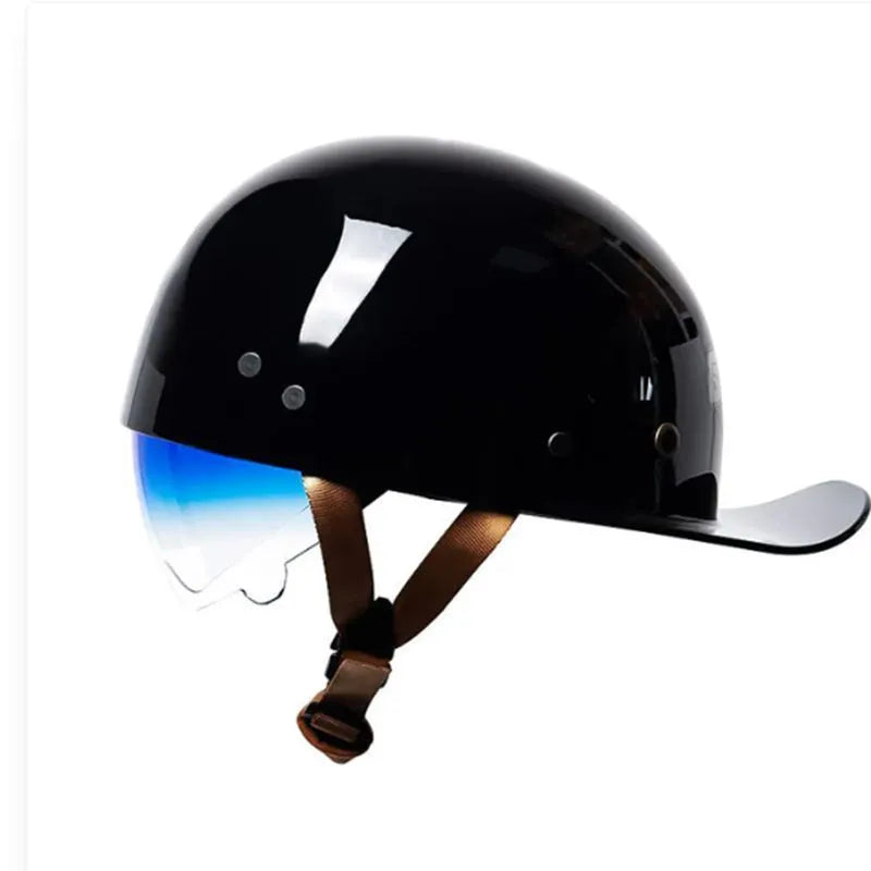 Men's electric bicycle retro half helmet in bright black gradient blue colour with matching gradient blue lens