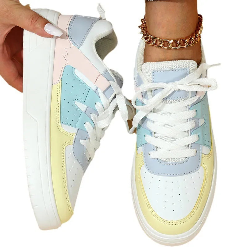 White and yellow moon platform sneakers with PU mesh upper and mid heel 3-5cm