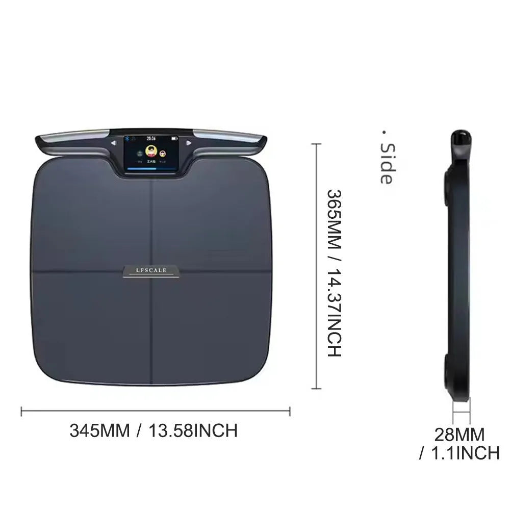 Black eight-electrode intelligent body fat weighing scale on a floor.