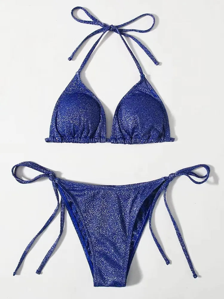 Women's bandage-style bikini swimsuit in polyester available in six colours with detailed size chart