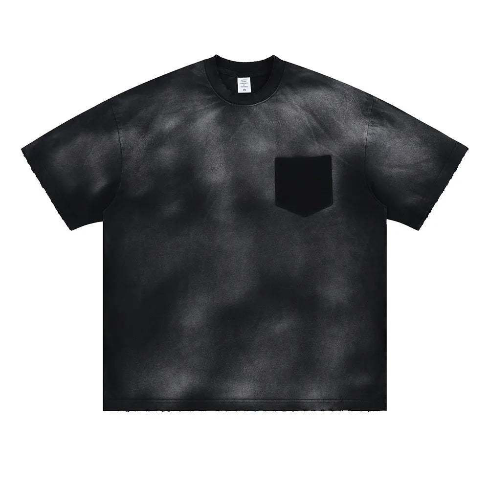Black men's loose fit cotton t-shirt with drop-shoulder sleeves and a printed letter design on the front.