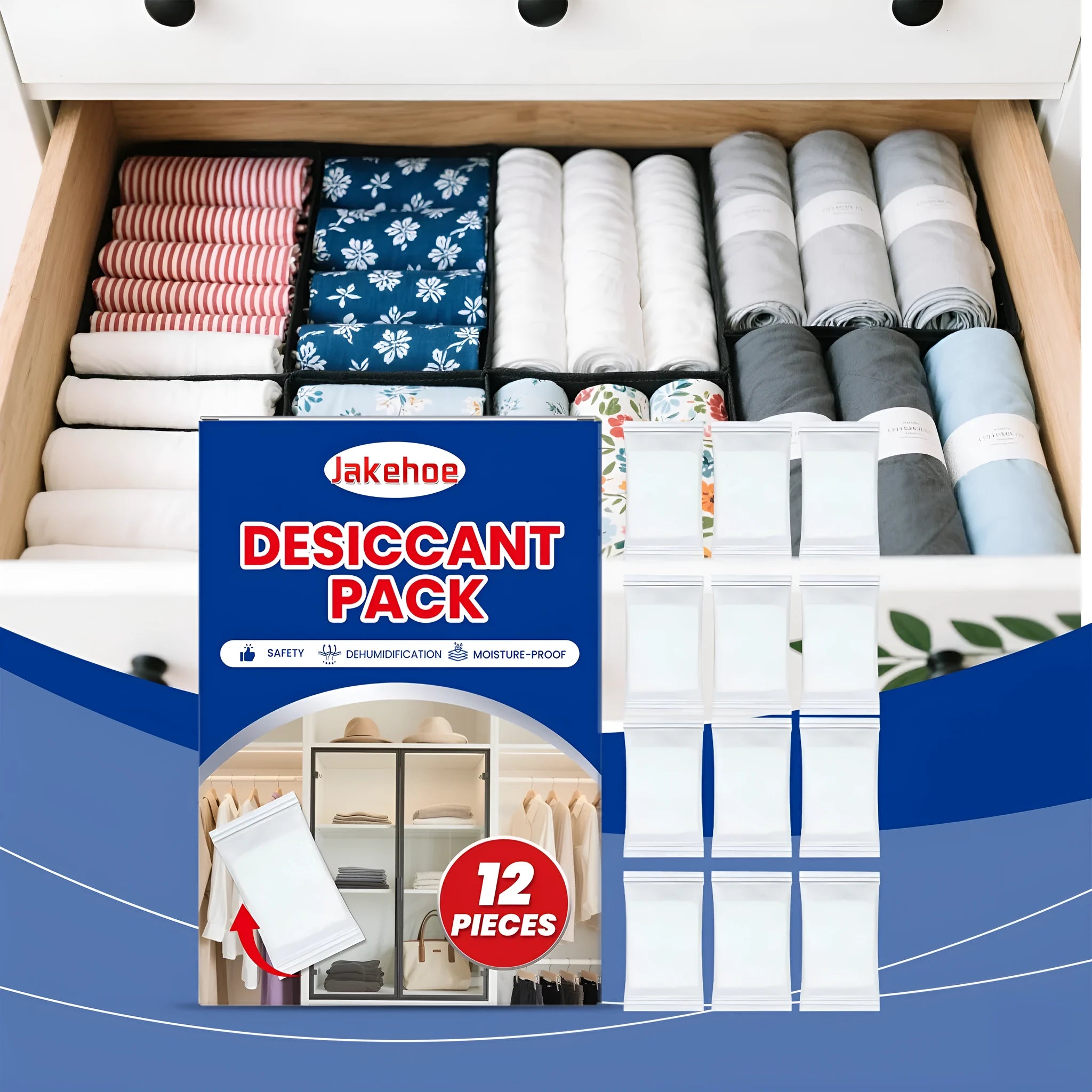 Pack of twelve white space desiccant bags for household moisture and odour control.