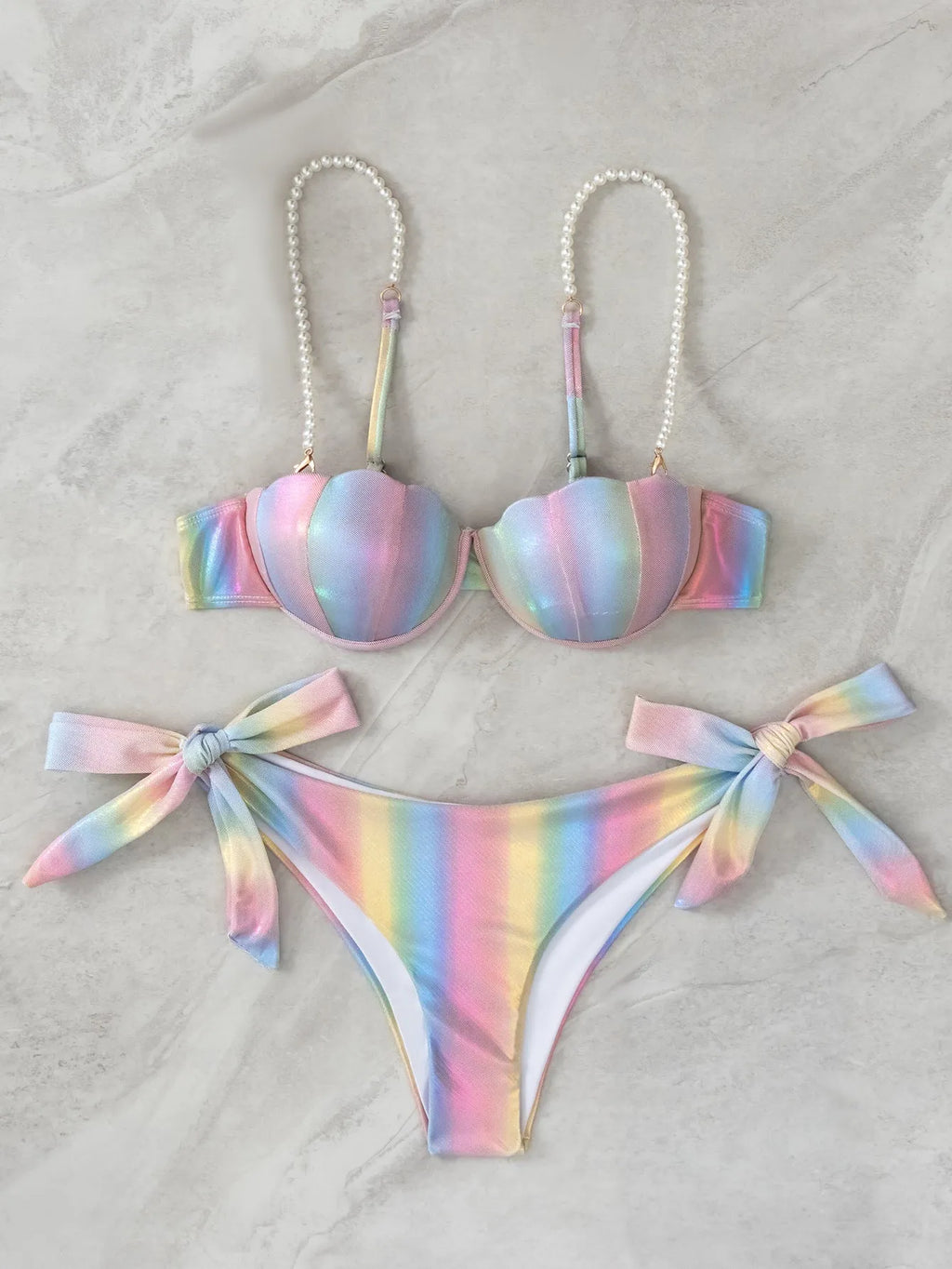 Women's shell rainbow pattern bikini with tied bandeau top and split briefs