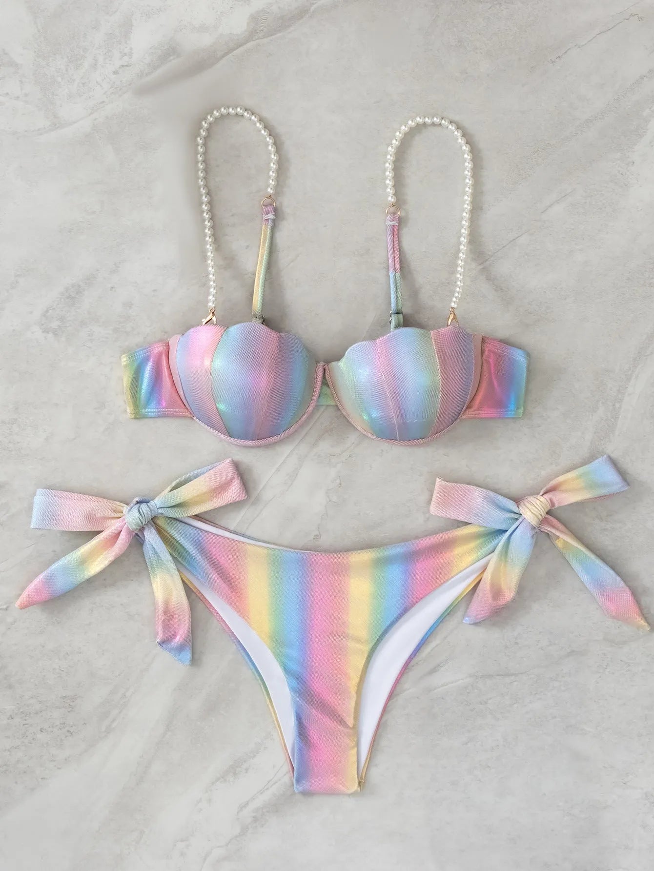 Women's shell rainbow pattern bikini with tied bandeau top and split briefs