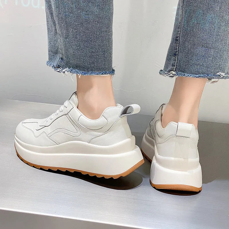Women's beige cattlehide leather casual sports shoes with English muffin heel and cross strap design