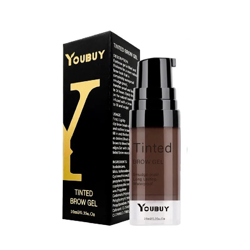 Waterproof eyebrow cream in dark gray and golden yellow shades with quick-drying formula