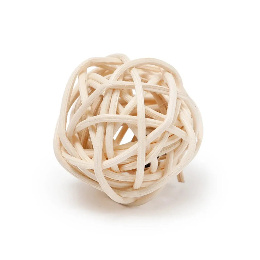 Two cat toys: rattan ball and faux feather ball with bell attachment for interactive play
