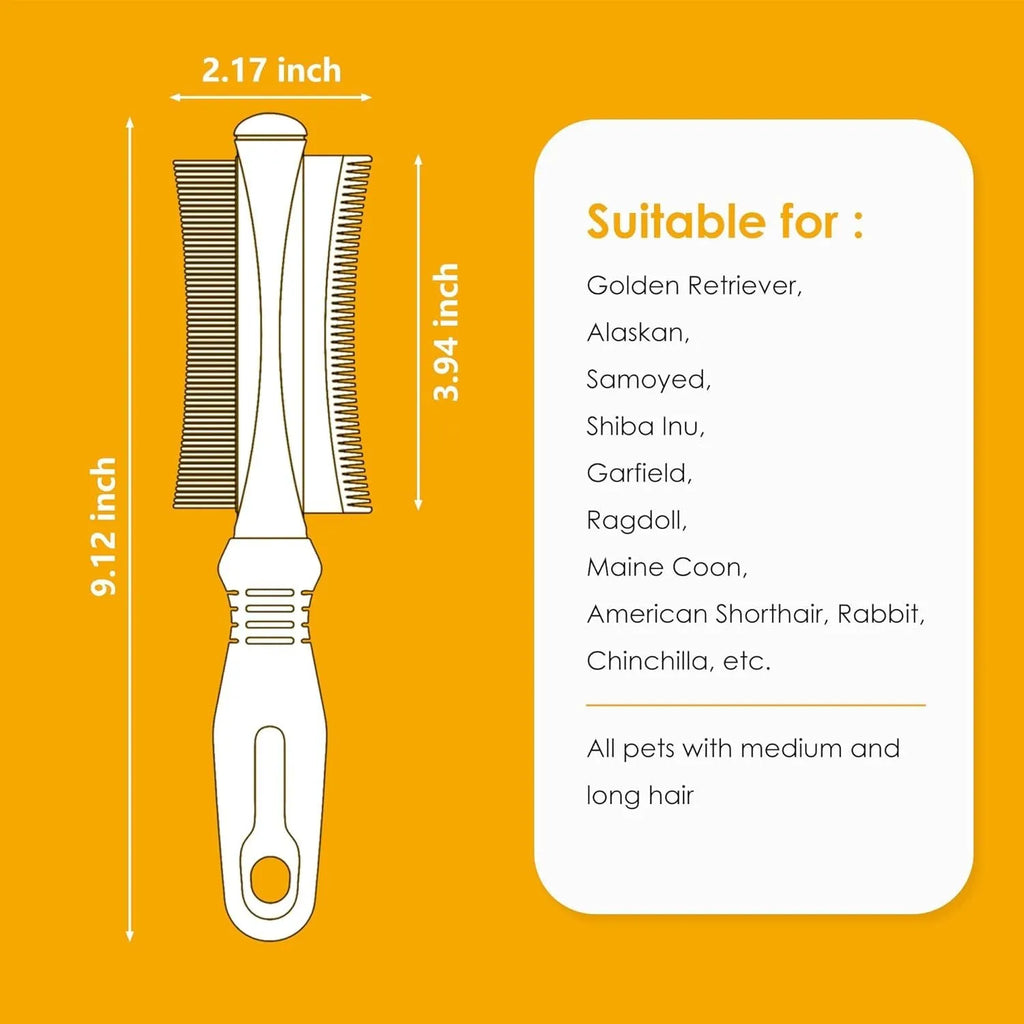 White double-sided dog cat deshedding brush with grooming comb and ergonomic handle.