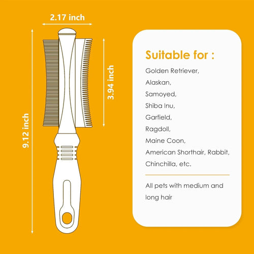 White double-sided dog cat deshedding brush with grooming comb and ergonomic handle.