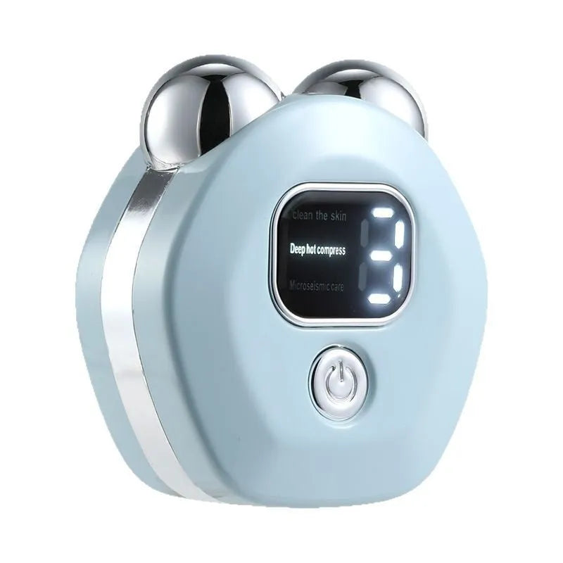 Portable micro current double-roller massage instrument with hot compress function in light blue colour