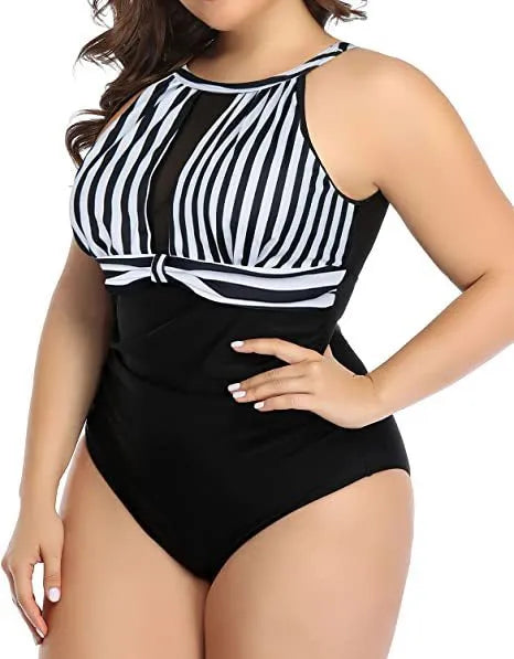 Women's lace detailed one-piece swimsuit in black, stripes, or red flower pattern
