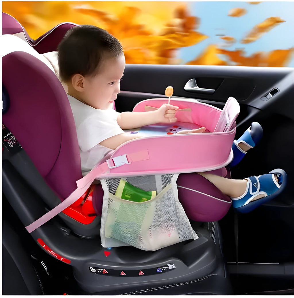Baby car seat tray table in blue Oxford fabric and polyester, 42x32x8 cm, on a car seat
