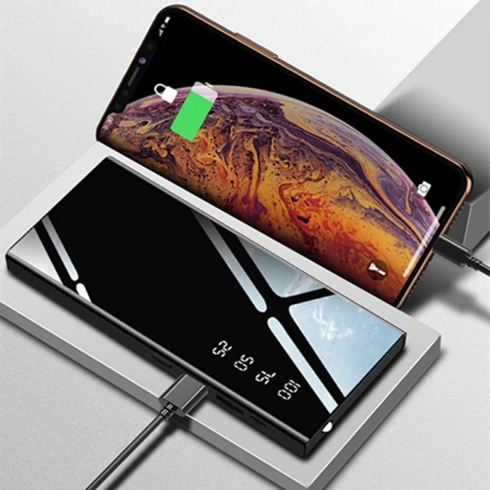 20000mAh power bank with LCD display showing battery percentage, dual USB ports, and LED light