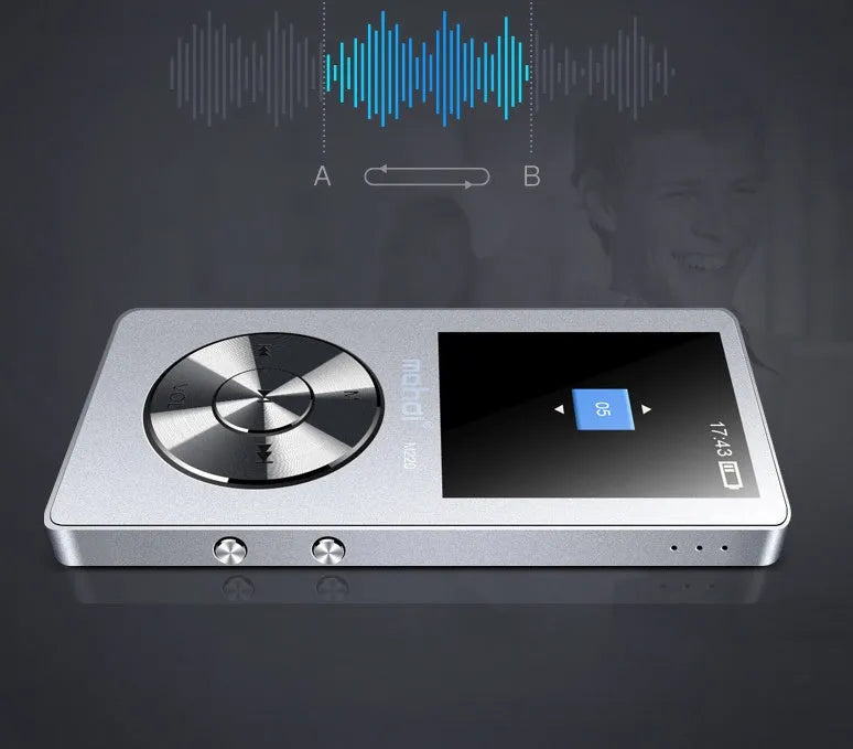 Gold-coloured metal MP3 music player with a 1.8-inch screen and physical control buttons.