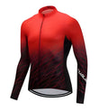 RedLine Long Sleeve Cycling Jersey in black red design on a cyclist showing back pockets and moisture wicking fabric