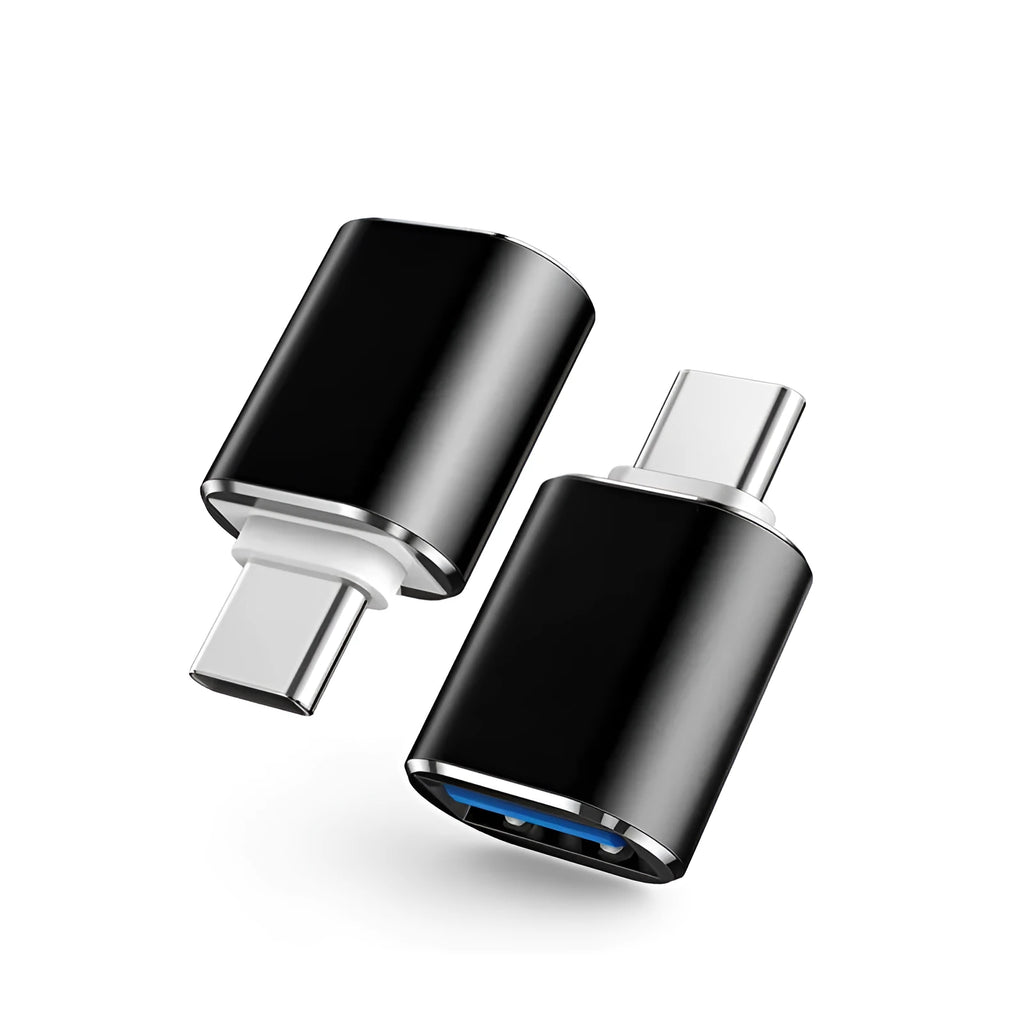 USB-C to USB-A OTG adapter in black, silver, and gold colour variants for connecting devices to smartphones.