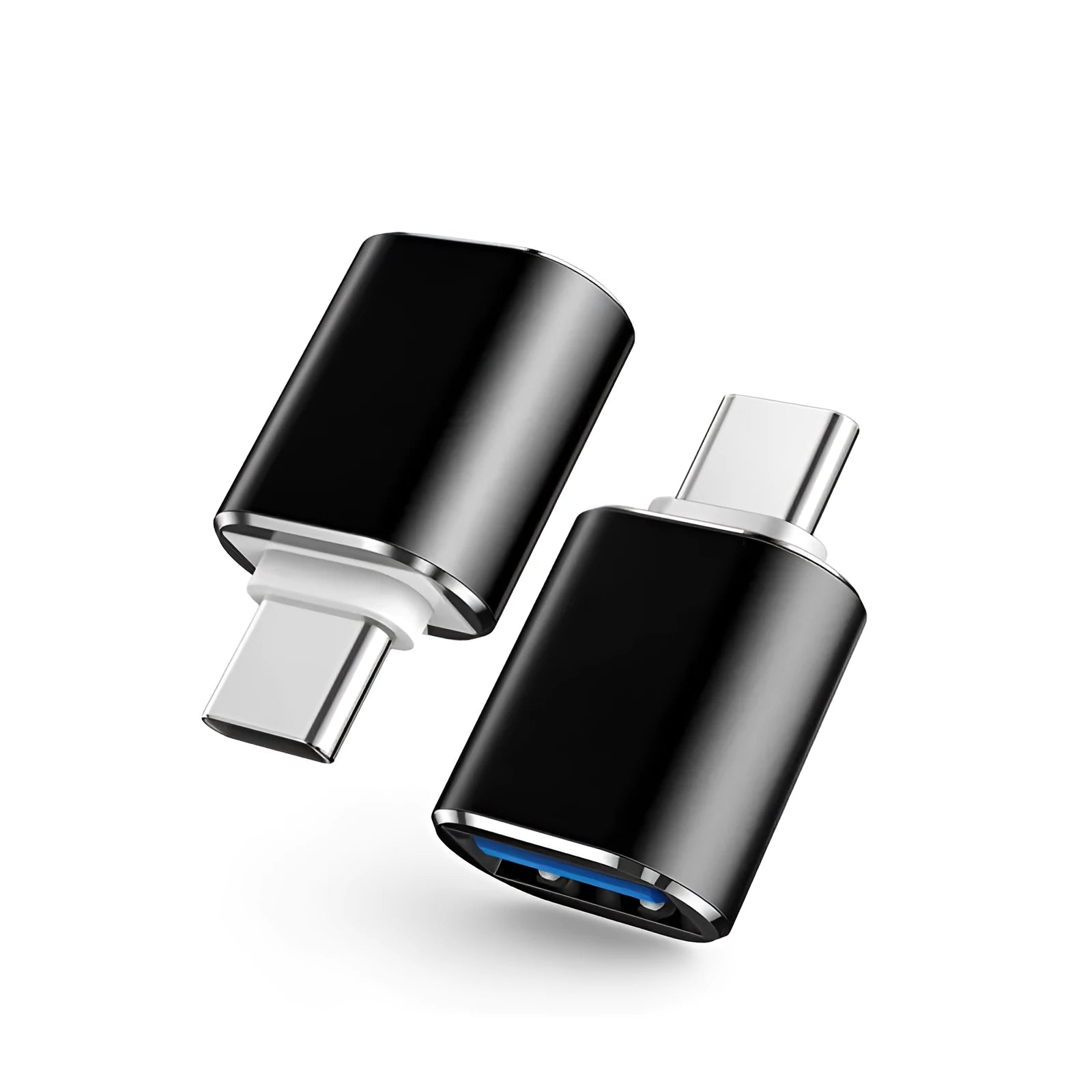 USB-C to USB-A OTG adapter in black, silver, and gold colour variants for connecting devices to smartphones.