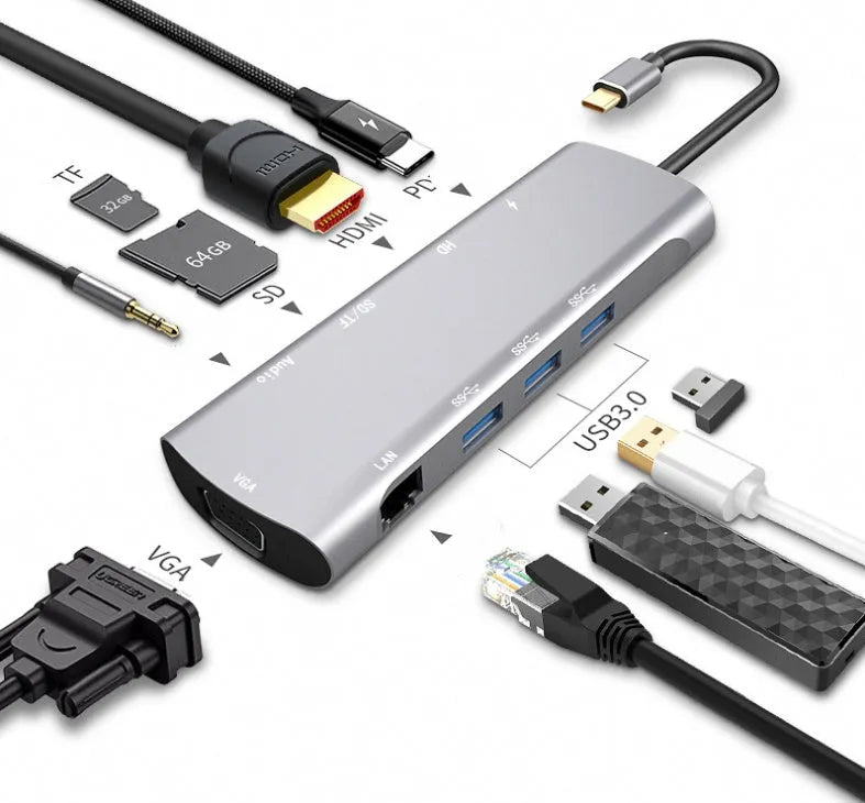 Grey USB-C docking station with HDMI, VGA, USB 3.0 ports and 14cm cable