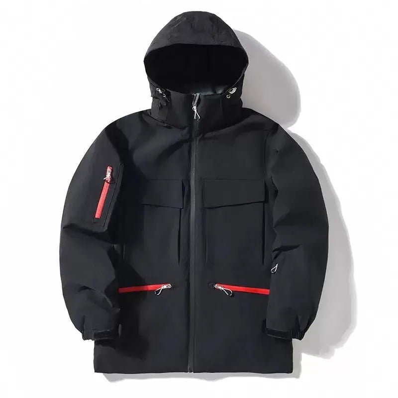 Men's Winter Ski Suit Hooded Jacket with Thicken Thermal Padding, Polyester Fibre Filler, Available in Black, Rose Red, Light Blue, Fluorescent Green, and Pure White, Sizes S to XXL for Ice Sports