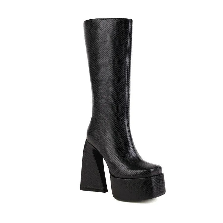 Women's casual high-top boots in black, red, blue, and white colours, showing the PU upper material.